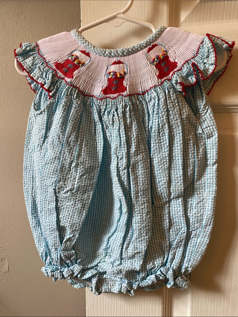 Stellybelly Light Blue Gingham Baby Bubble Romper with Red Embroidery